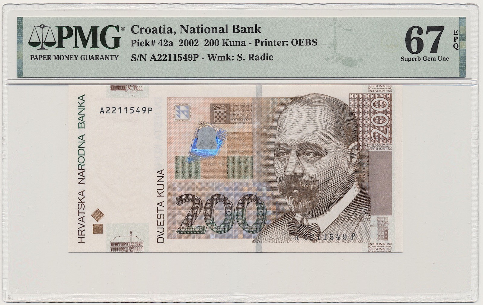 CROATIA banknote 200 Kuna 2002 PMG grade MS 67 EPQ Superb Gem Uncirculated