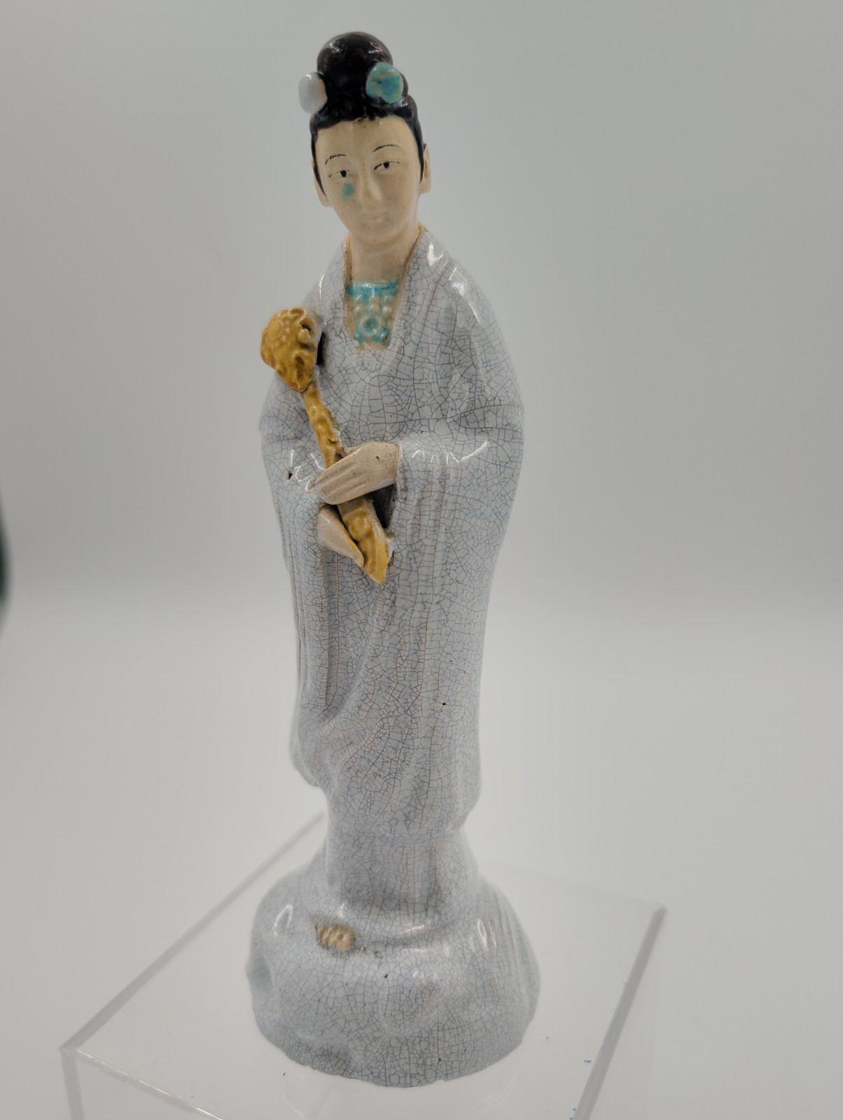 Vintage Chinese Republic Ge Ware Crackle Glaze Porcelain Guan Yin Figure Stamped