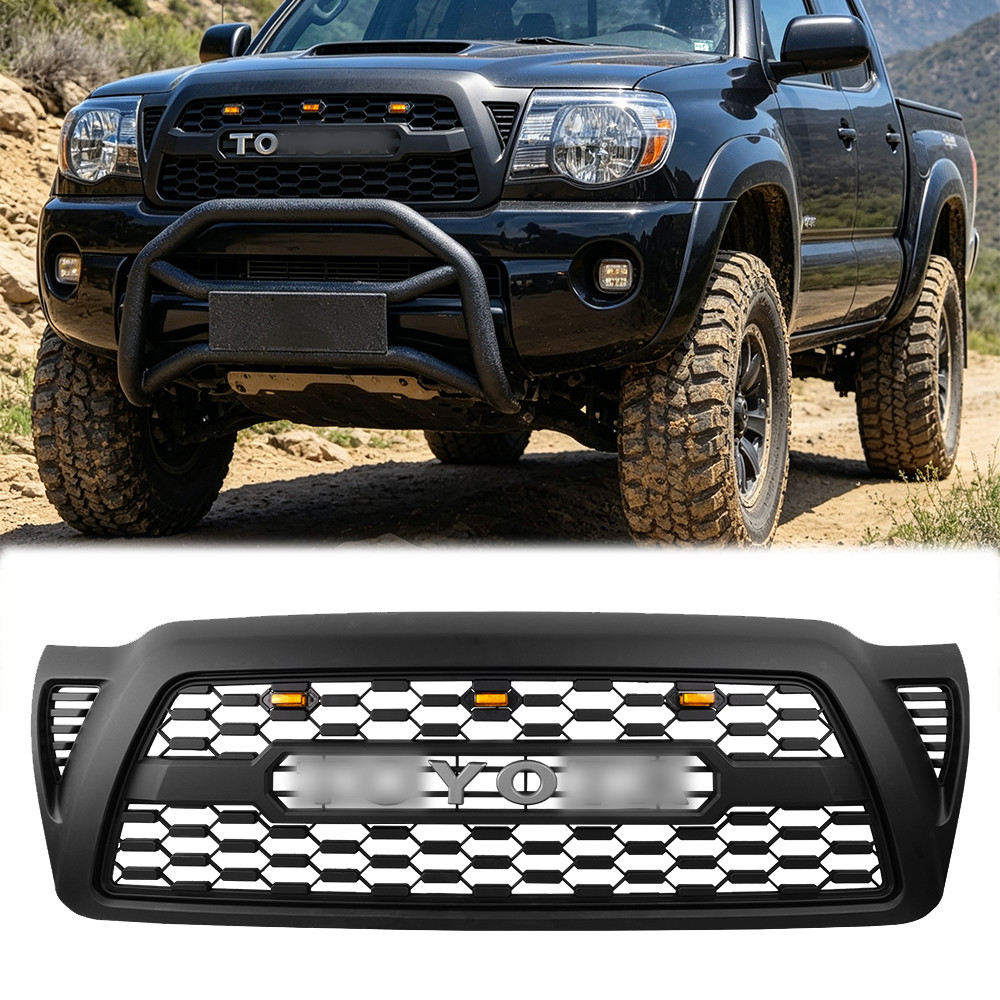 Front Bumper Upper Mesh Grille For 2005-2011 Toyota Tacoma Matte Black W/ LEDs