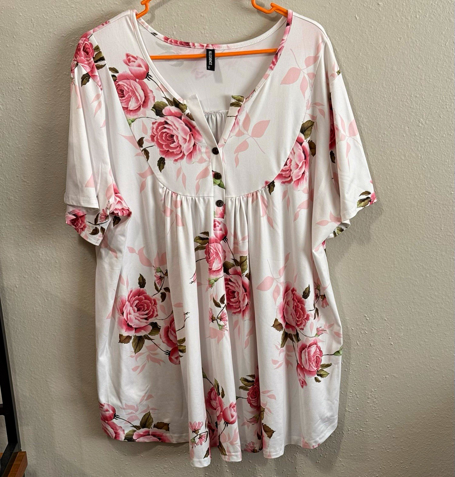 Allegrace Floral Tunic Top Womens 3X Pink Rose Babydoll Pleated VNeck Soft Flowy