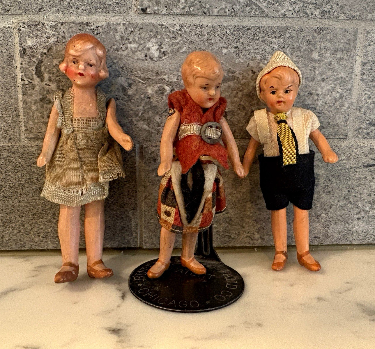 Lot of 3 Antique Miniature  Dollhouse Porcelain Dolls w/Movable Limbs & Stand