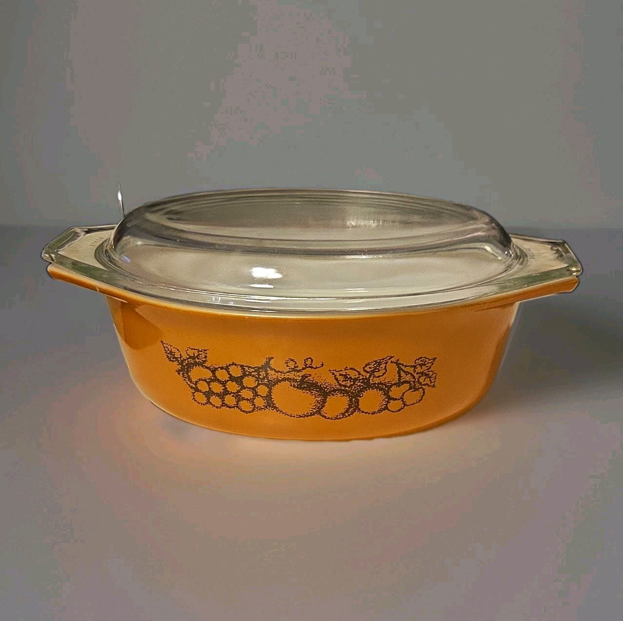 Vintage Pyrex 043 Old Orchard Orange 1.5 Qt Oval Casserole Dish with Glass Lid 