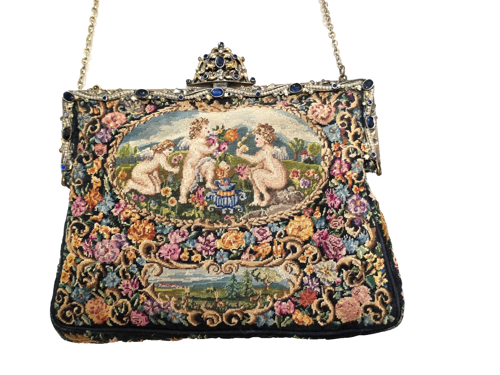 ANTIQUE CZECH NEIGER TAPESTRY  BAG WITH HIGHLY ORNATE FRAME
