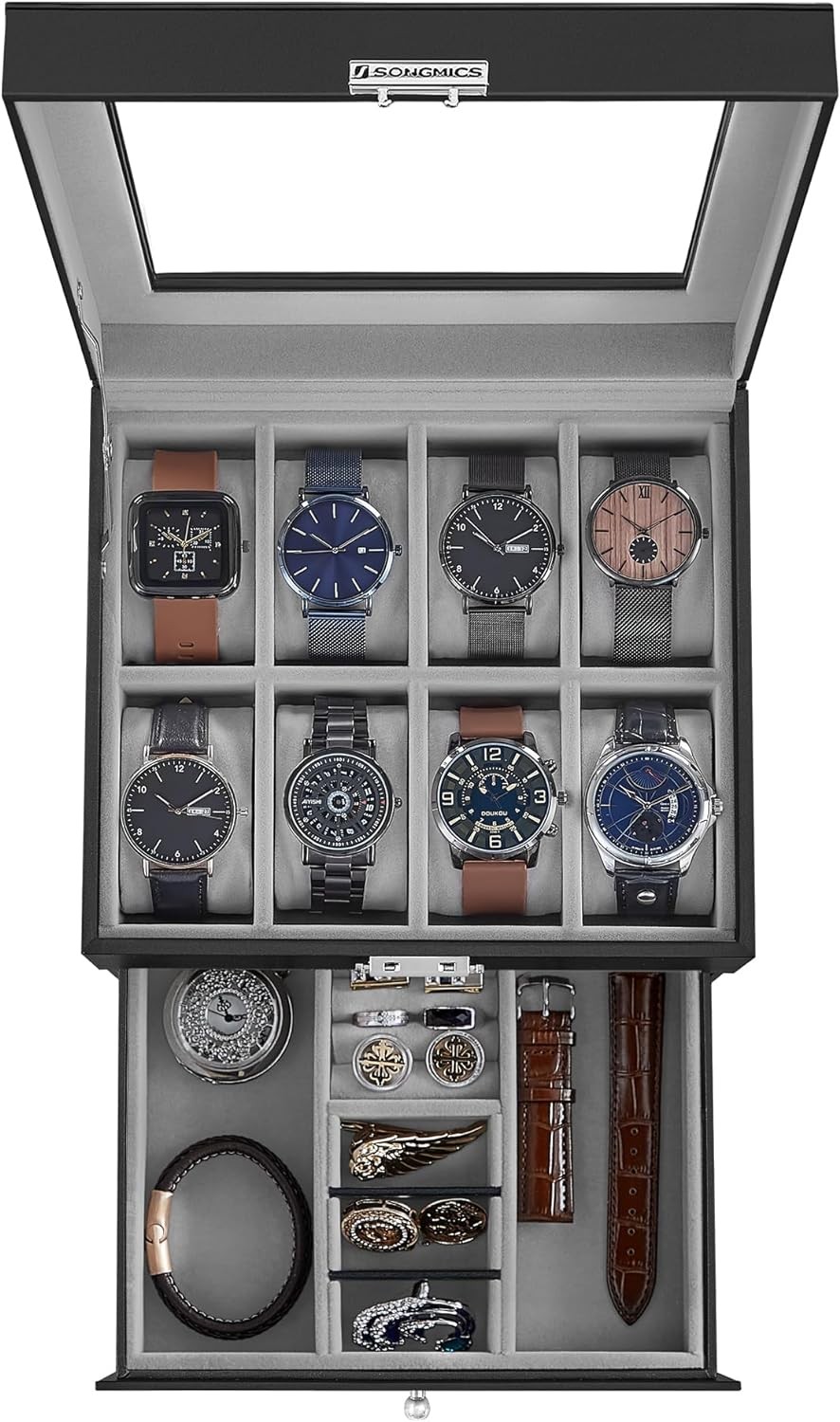SONGMICS Watch Box, 8-Slot Watch Case Organizer with Large Glass Lid, 2 Layers,