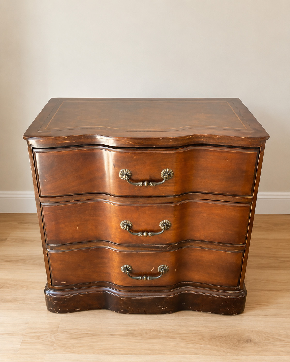 Vintage Serpentine 3-Drawer Chest / Nightstand Ornate Wood Brass Leather Inset Vintage Serpentine 3-Drawer Chest / Nightstand Ornate Wood Brass Leather Inset