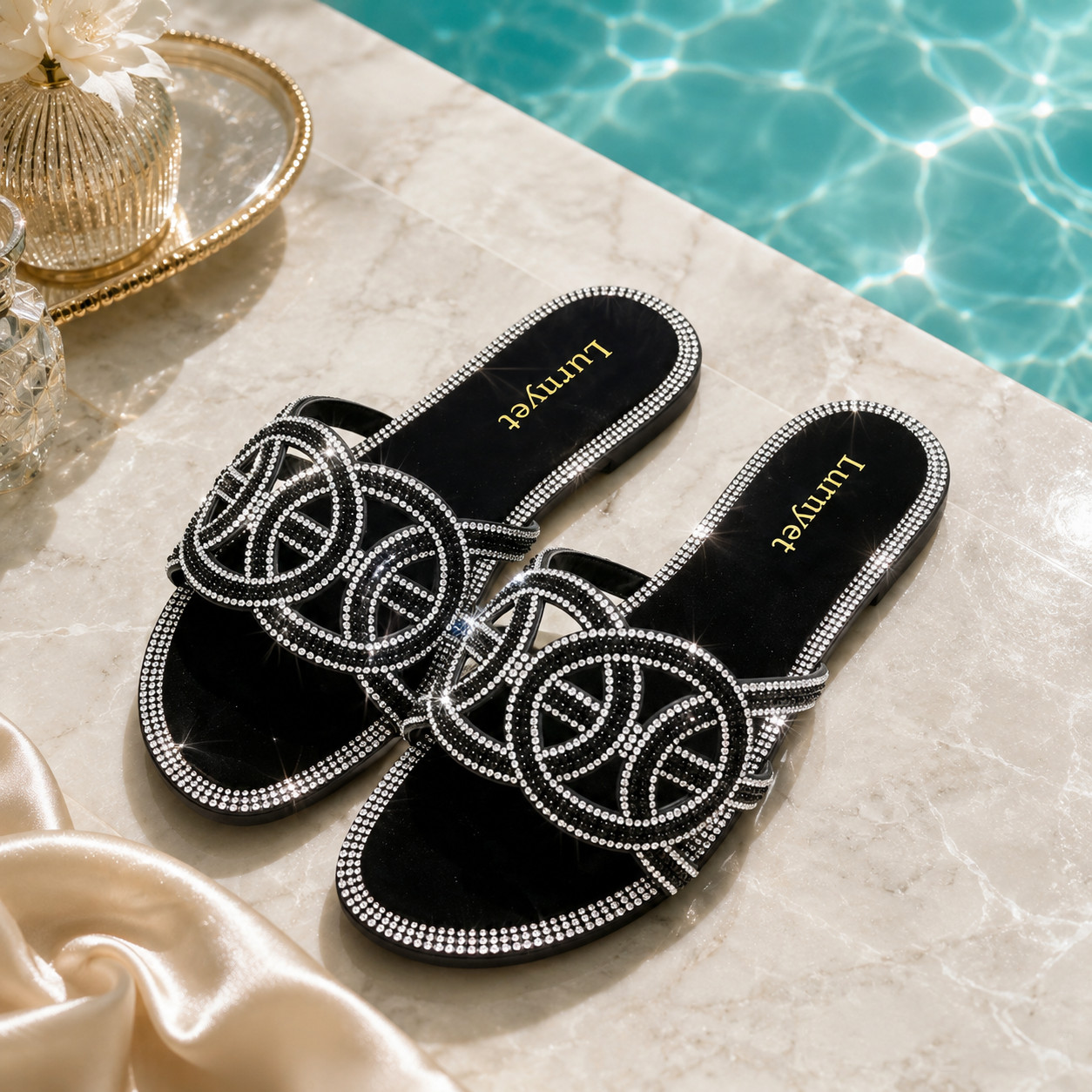 Lurnyet Women's Rhinestone Embellished Cushioned Sandal With Rhinestone Trim Lurnyet Women's Rhinestone Embellished Cushioned Sandal With Rhinestone Trim