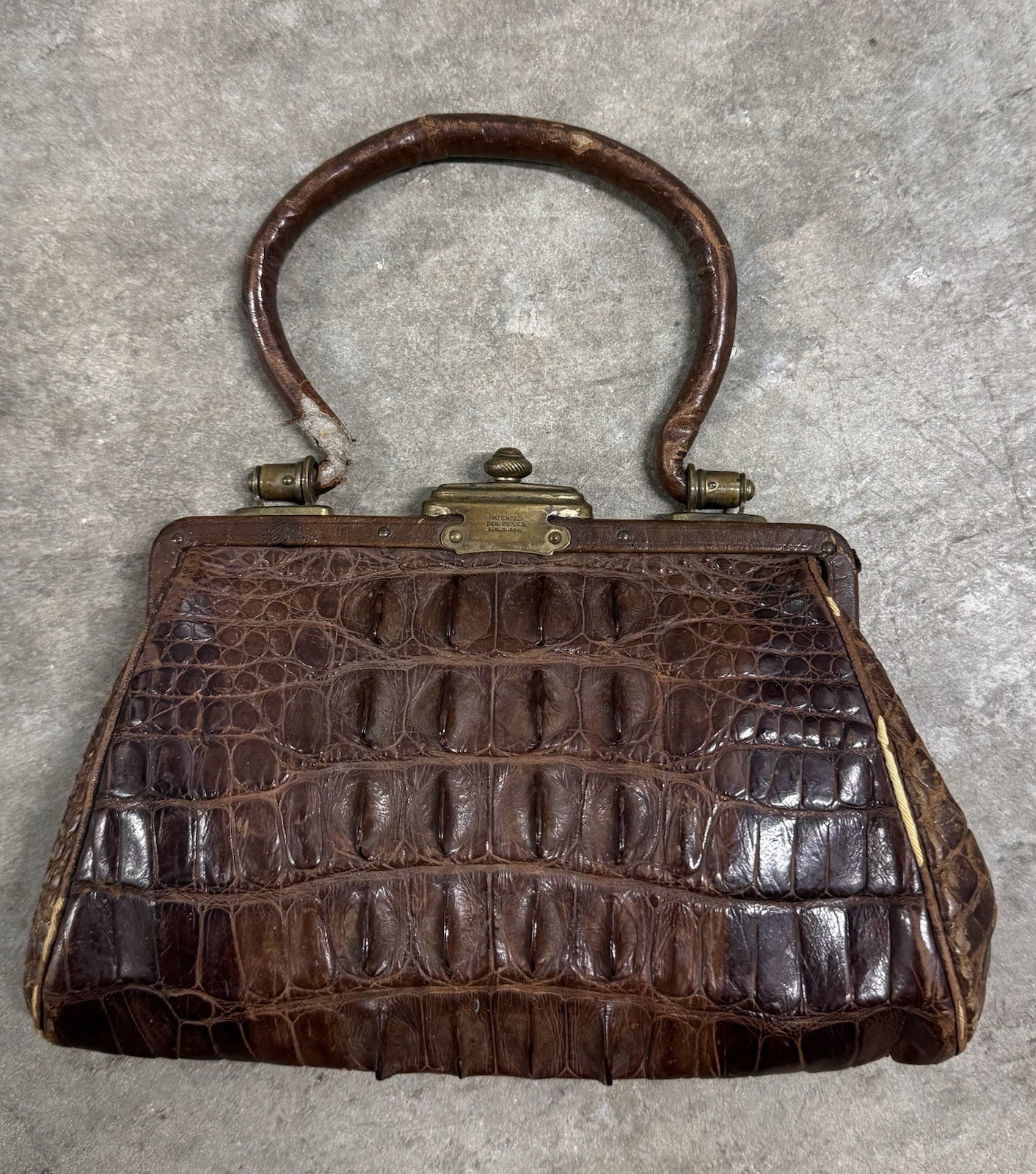 Antique Hornback Alligator Leather Purse Victorian Era Patent 1904 Handbag 1900s