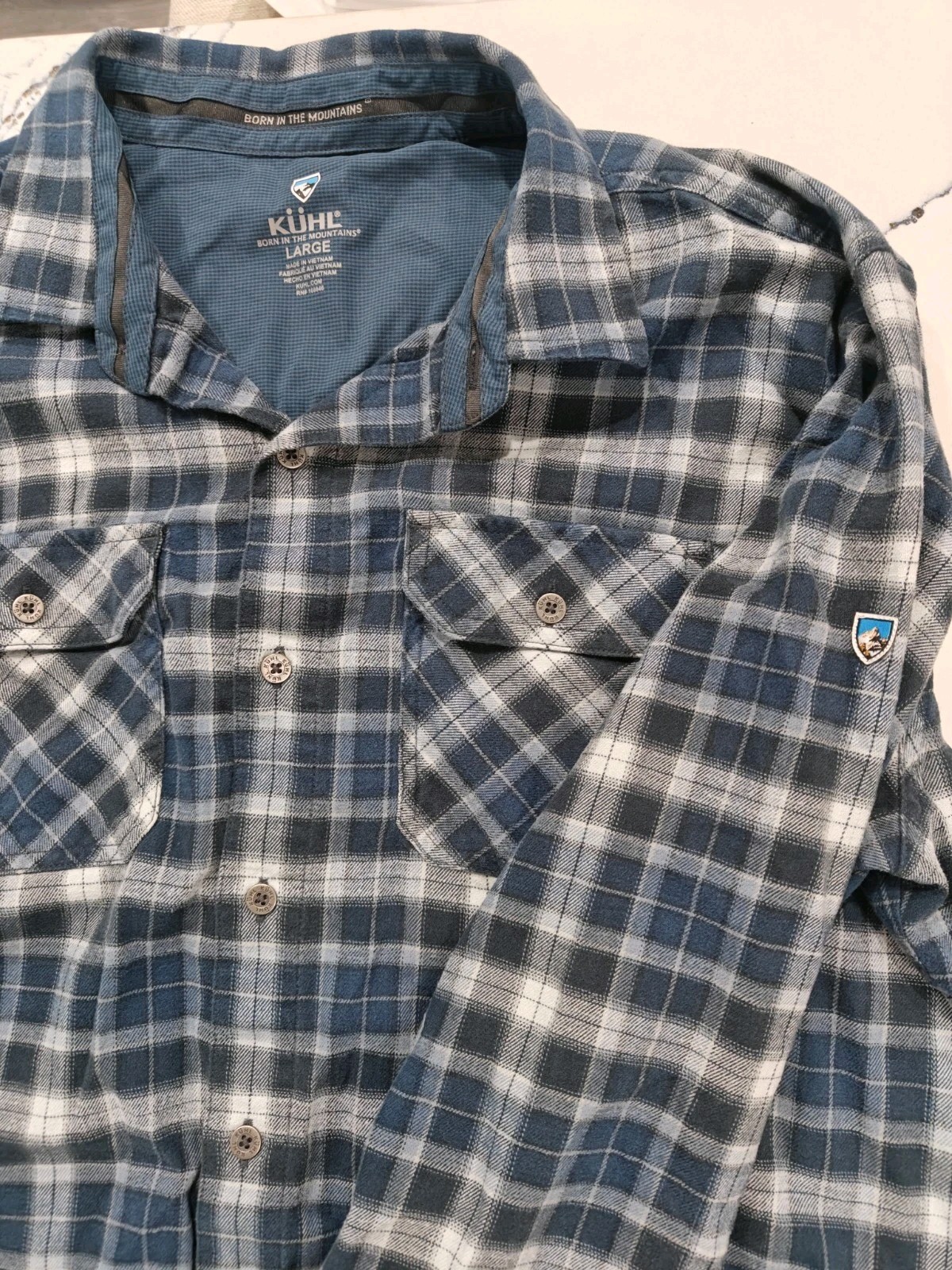 Kuhl Dillingr Flannel Shirt Mens Large Blue Plaid Cotton Tencel Button Up