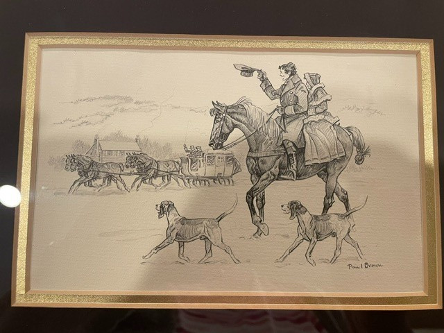 Signed Paul Brown Pencil Drawing Winter Couple on Horseback W Dogs +Sliegh Read