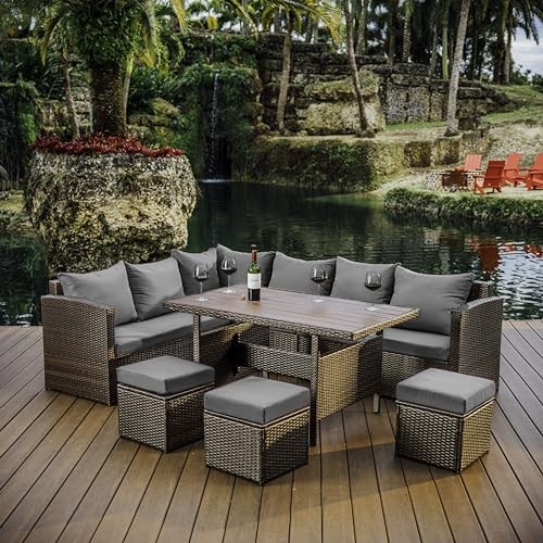 NESTL WICKER OUTDOOR FURNITURE SET - 7 PIECE PATIO DINING (3 BOX SET ), -