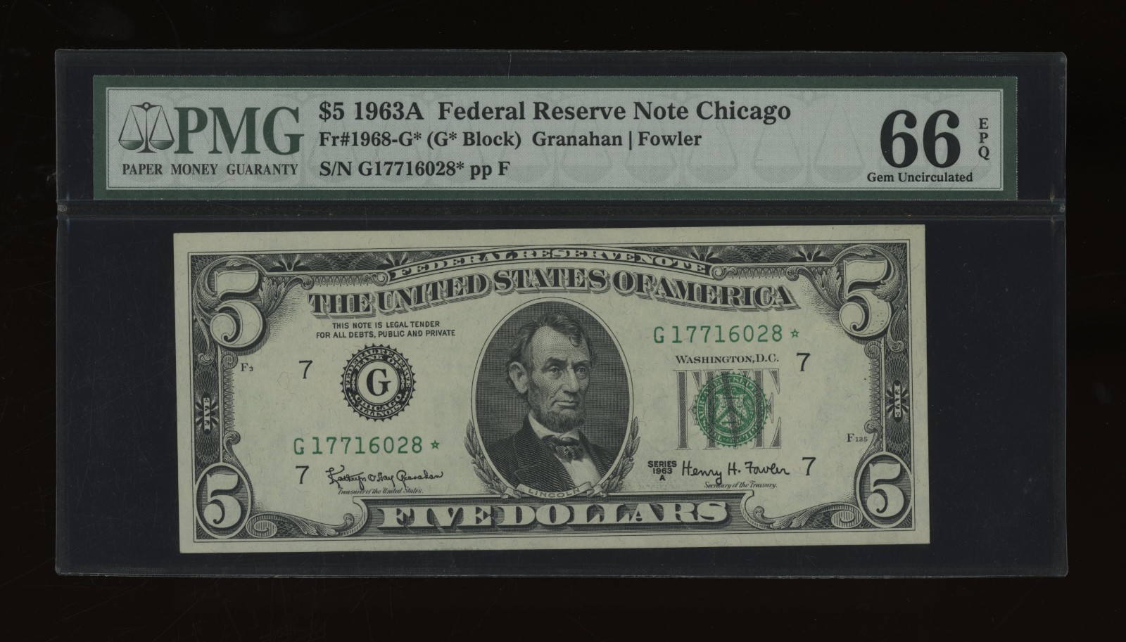 DBR 1963-A $5 FRN Chicago STAR Gem Fr. 1968-G* PMG 66 EPQ Serial G17716028*