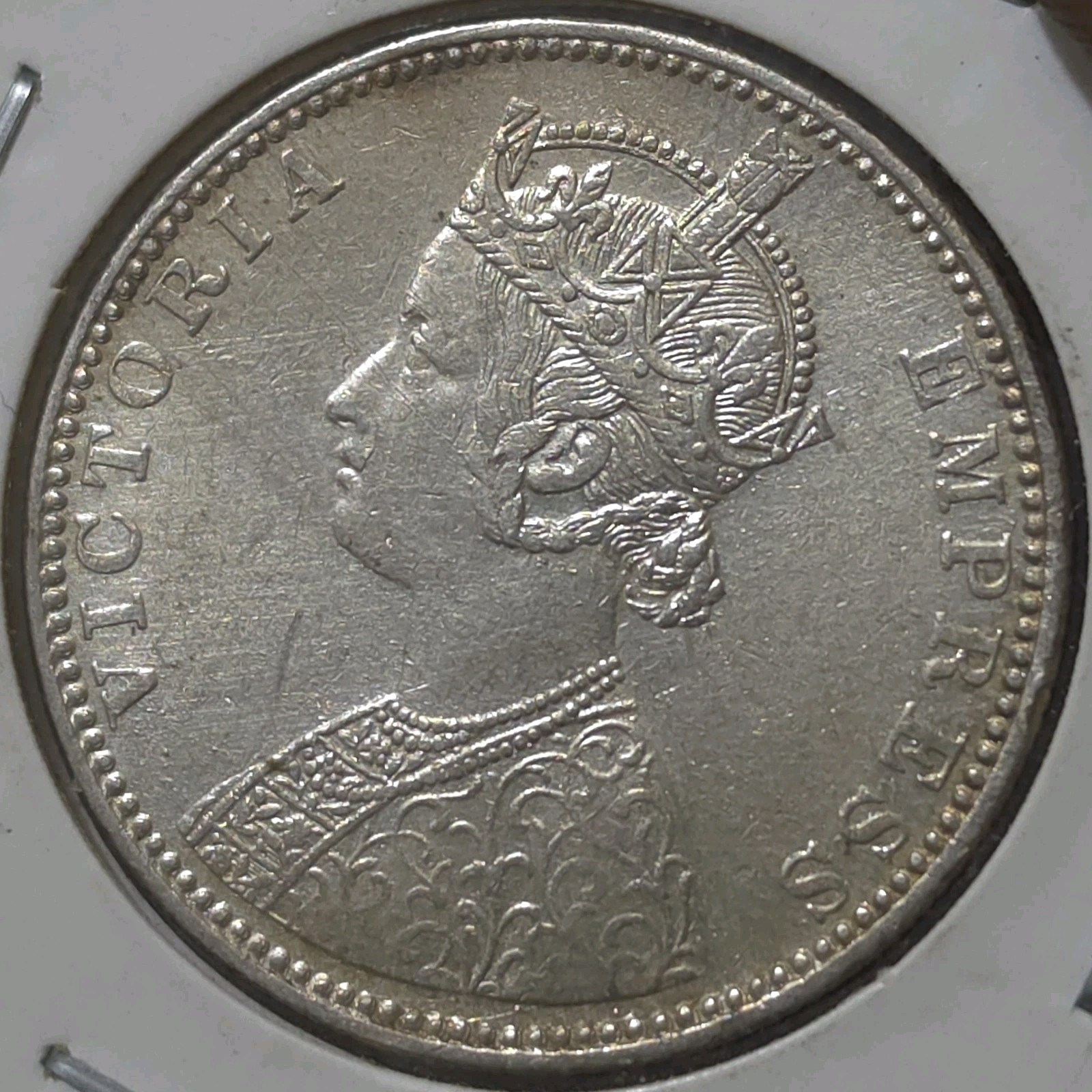 British India Victoria Silver Rupee 1887 B Incused Bombay Mint Top Grade SA32 British India Victoria Silver Rupee 1887 B Incused Bombay Mint Top Grade SA32