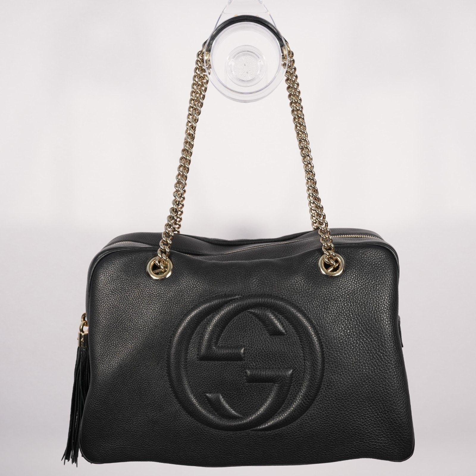 * Gucci Black Pebbled Leather GG Soho Double Chain Shoulder Bag 353126