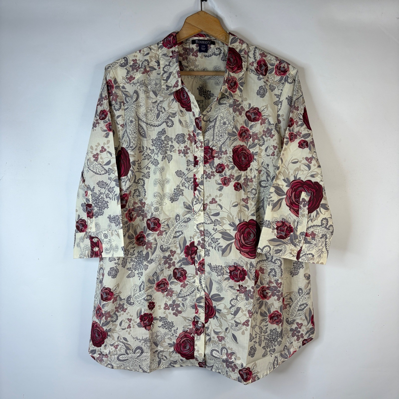 Roaman\'s Tunic Top Women 22W Cream Burgundy Floral Paisley 3/4 Sleeve Button Up