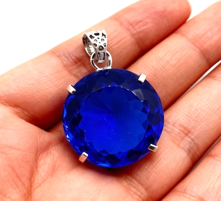 Certified 32.40 Ct Natural Blue Sapphire 925 Solid Silver Pendant Round Gemstone
