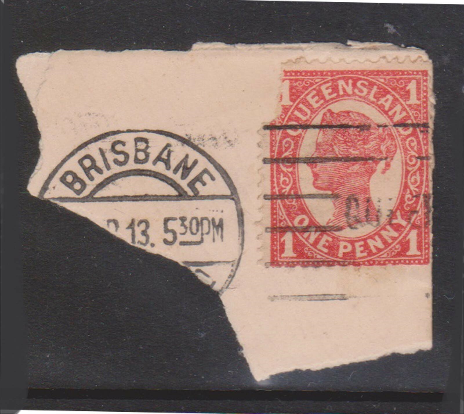 (F53-58) 1897 AU Queensland 1d red QVIC on piece (BH) 
