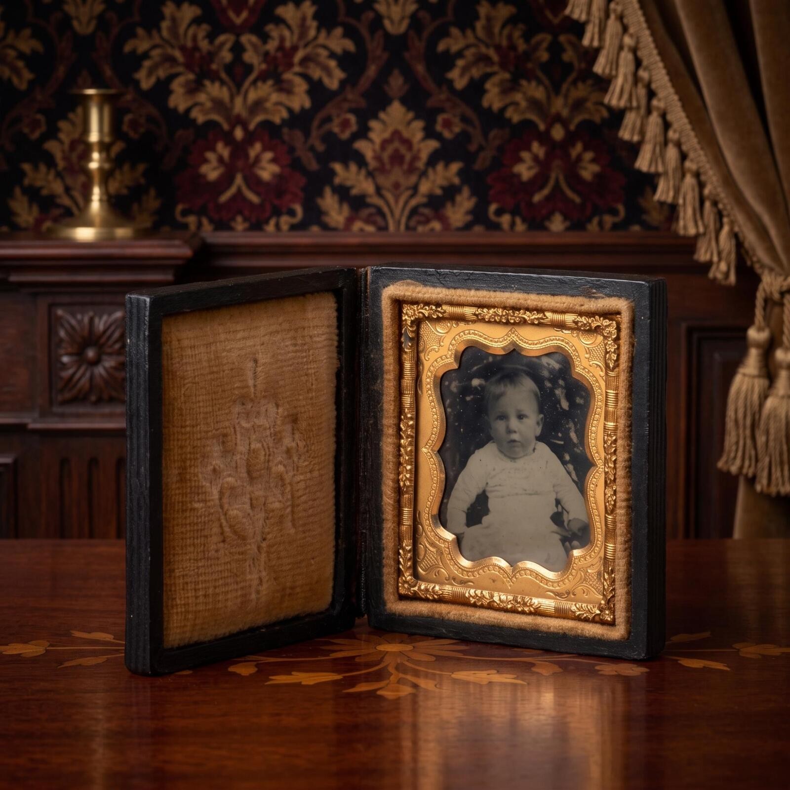 Antique Cased Tintype Baby Child Portrait Small Case Velvet Pad 16th Plate
