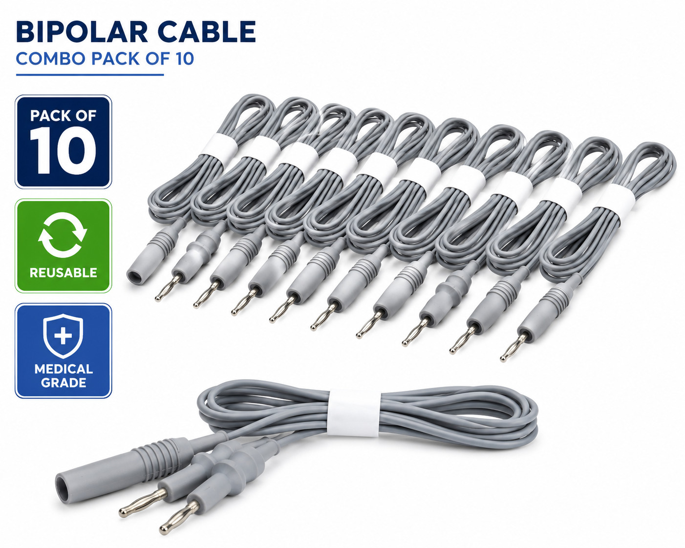 REVITI Bipolar Cable Combo Pack of 10 | Laproscopy Electrosurgical Cautery Cable