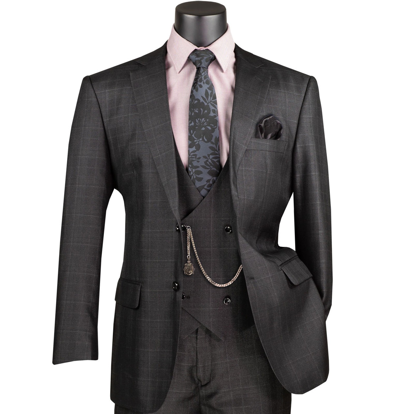 VINCI Men's Black Sharkskin Glen Plaid 3pc Classic Fit Suit w/ Flex Waist - NEW