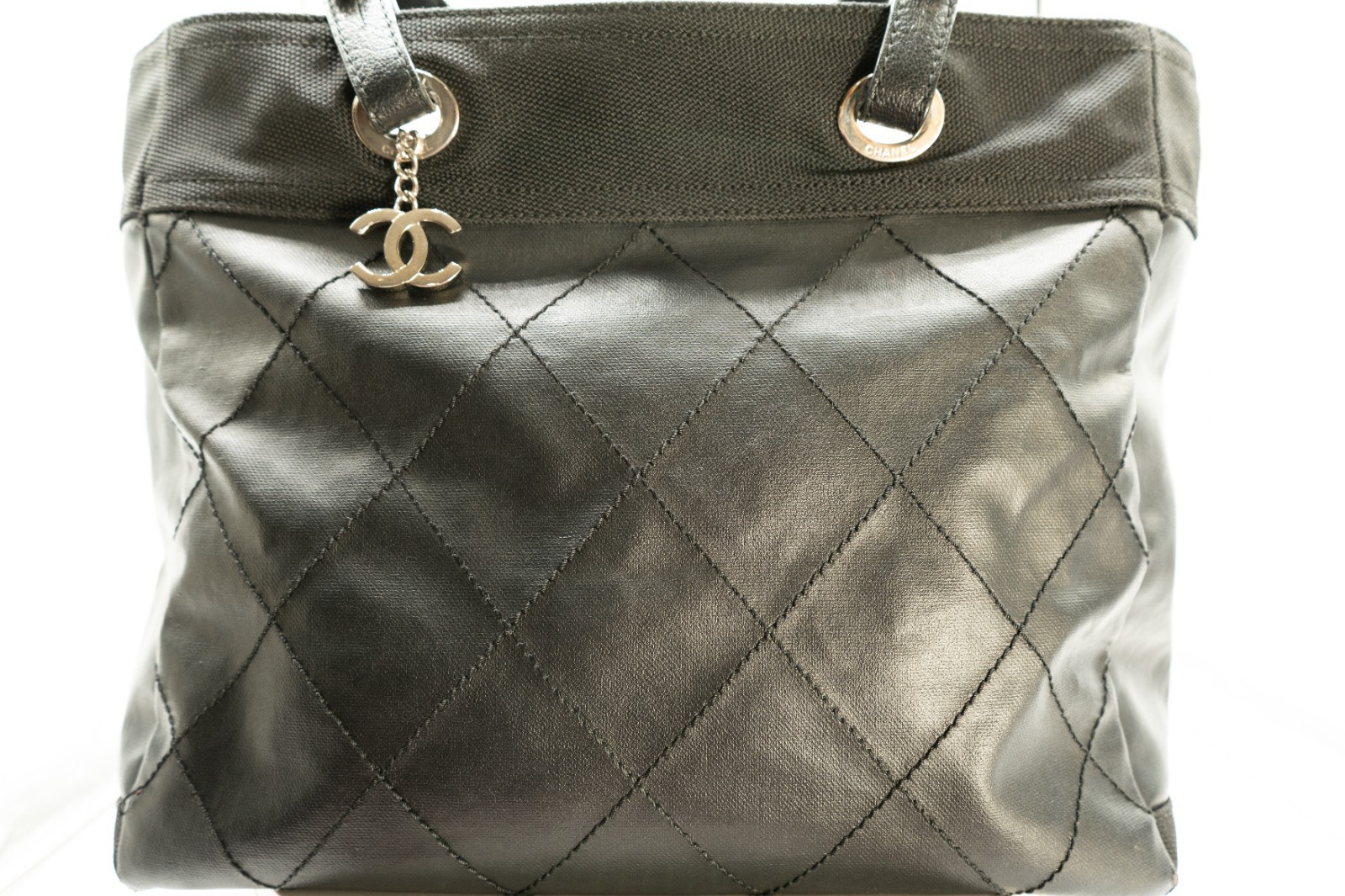 CHANEL Paris Biarritz MM Tote Black Coated Canvas Leather A34209 11 Series