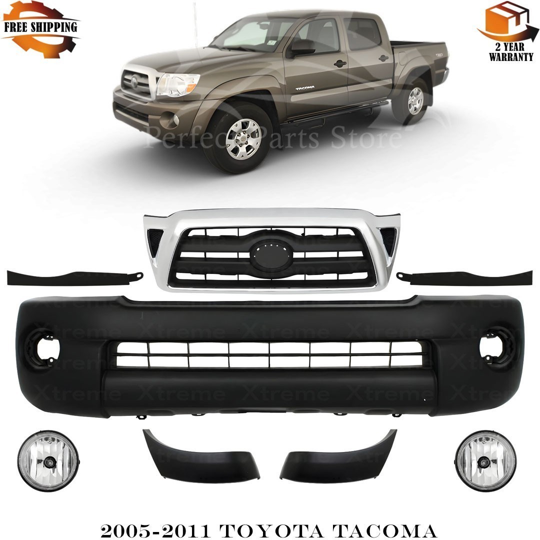 Front Bumper Cover Primed Plastic & Fog Lights Kit For 2005-2011 Toyota Tacoma