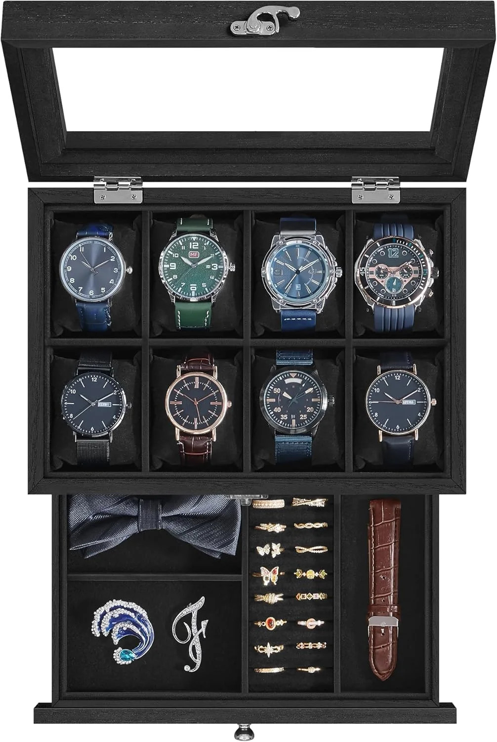 SONGMICS 8-Slot Watch Box, 2-Tier Watch Display Case with Large Glass Lid, Remov
