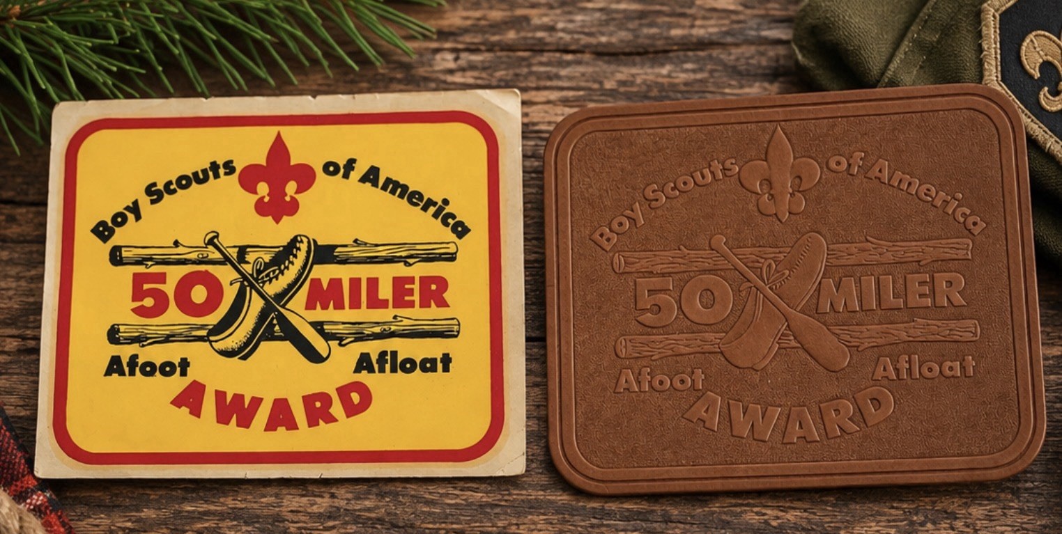 Vintage BSA Patch Decal Sticker Boy Scouts 50 Miler Afoot Afloat Leather Award