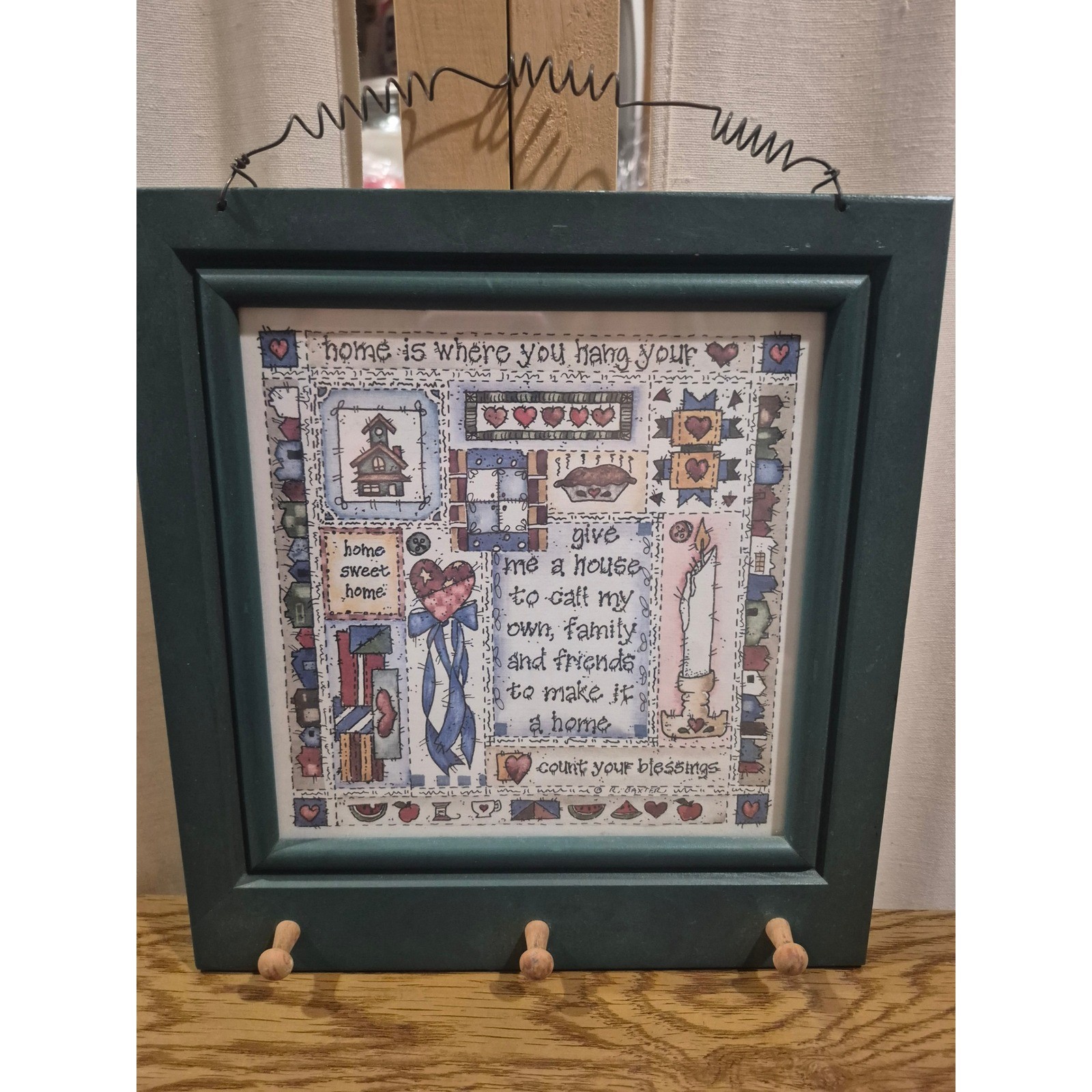 RBW Vintage Country Folk Art Wall Plaque Home Decor Green Wood Frame with Pegs