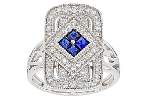 Lab Created Princess Blue & Round White Gemstone Women's Ring In 935 Silver Lab Created Princess Blue & Round White Gemstone Women's Ring In 935 Silver
