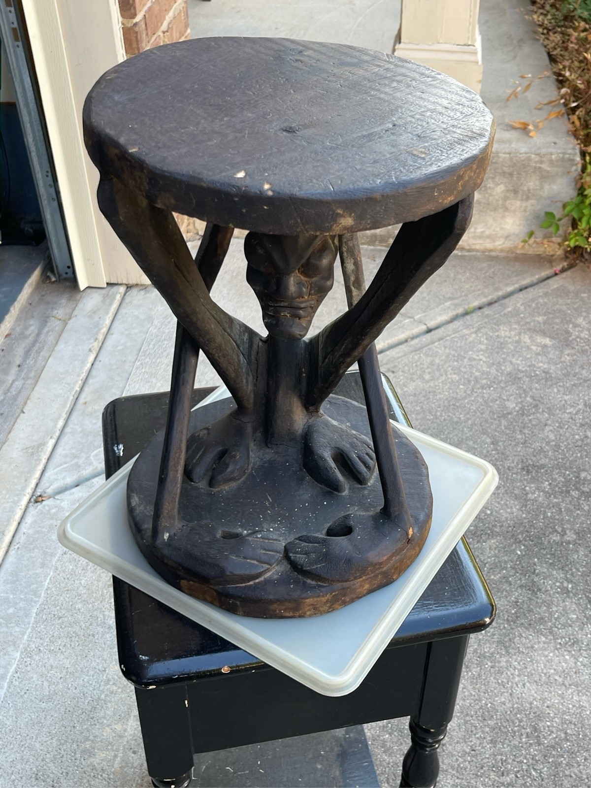 African Hand Carved Wood Figural Stool Tribal Art Sculpture Chair