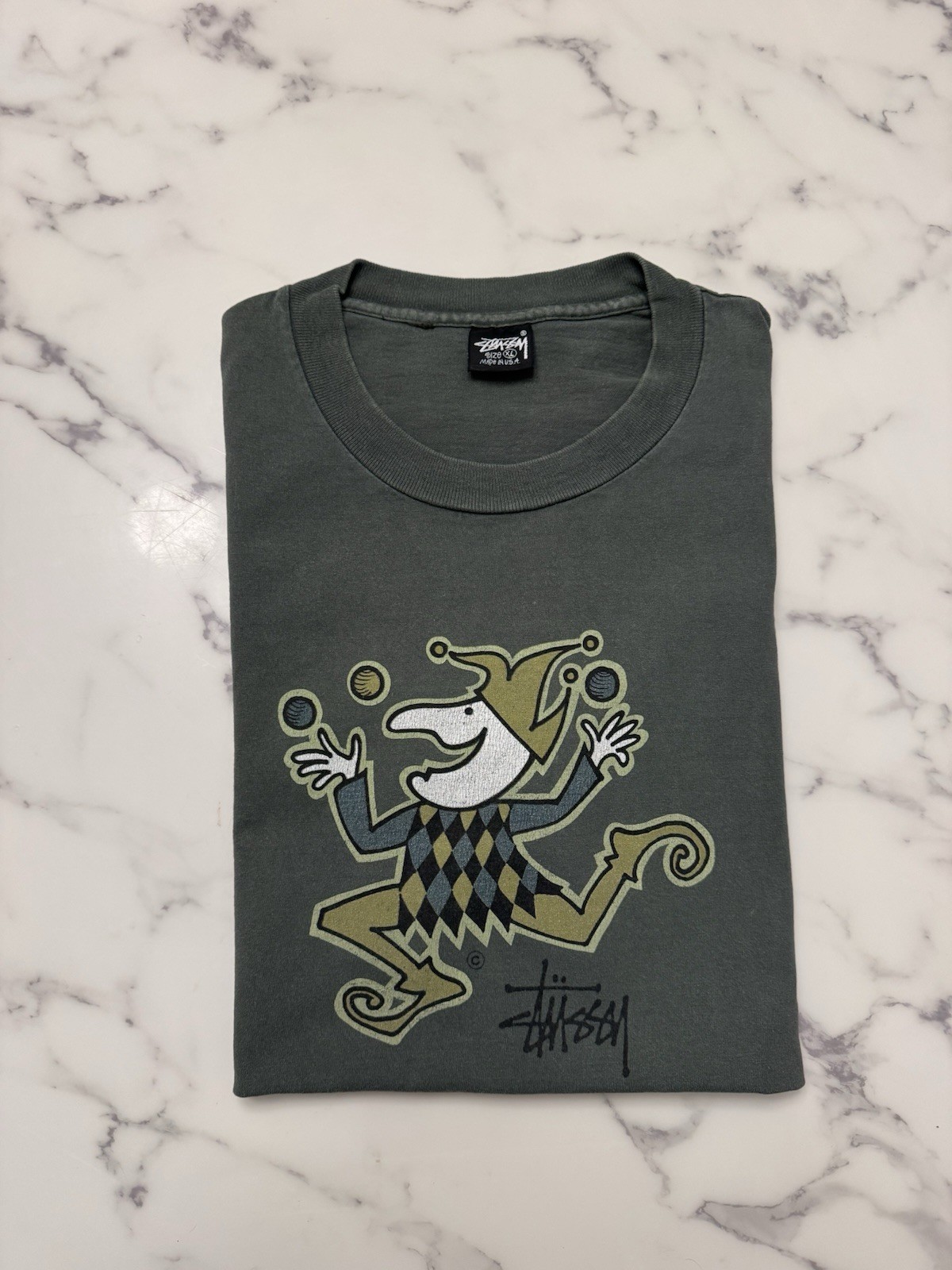 Vintage 90s Stussy Jester T Shirt XL Made In USA Single Stitch Faded Sage Green