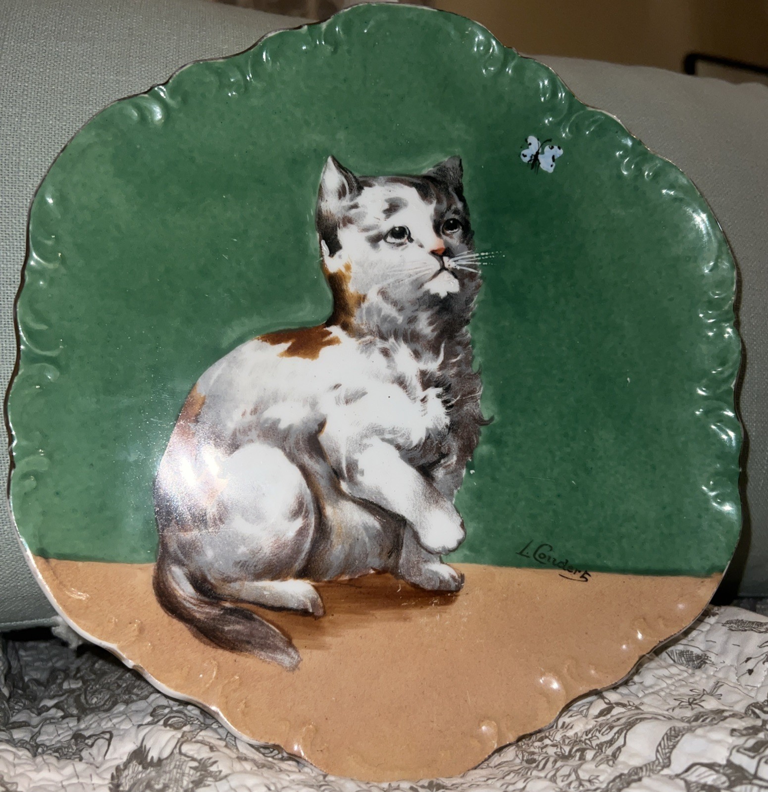 Antique Coronet Limoges France Cat Plate Wall Plaque Signed L Coudert 1906 As-Is