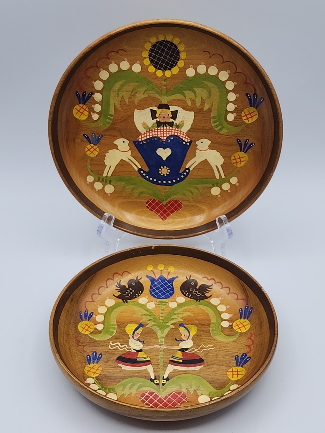 Ant/Vtg German Swiss Tole Painted Folk Art Wood Plates 7 1/2