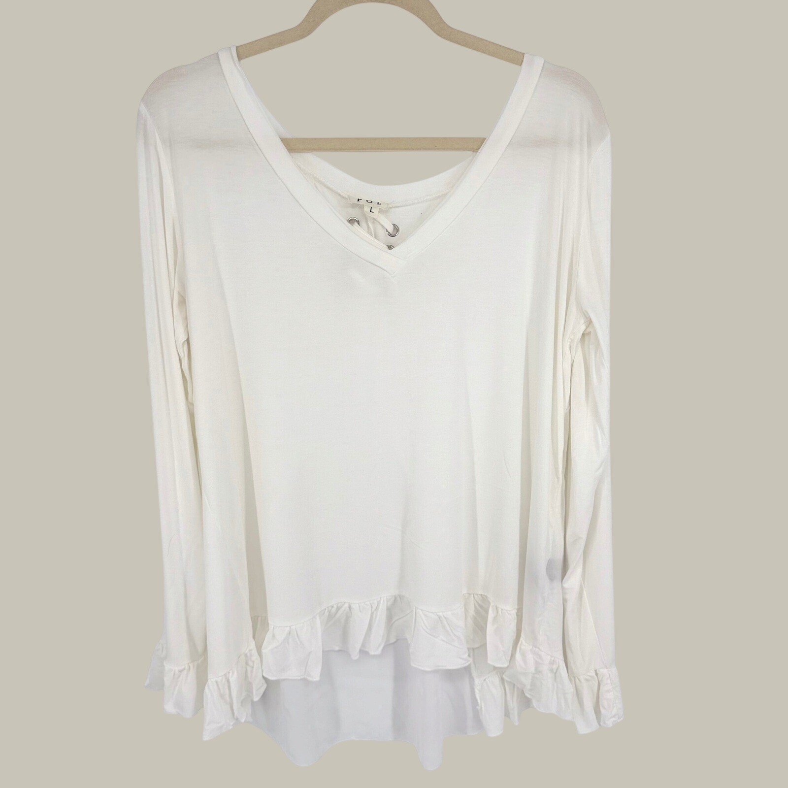 POL Romantic Boho Top Women Large White Lace Up Detail Sheer Back Flowy Feminine
