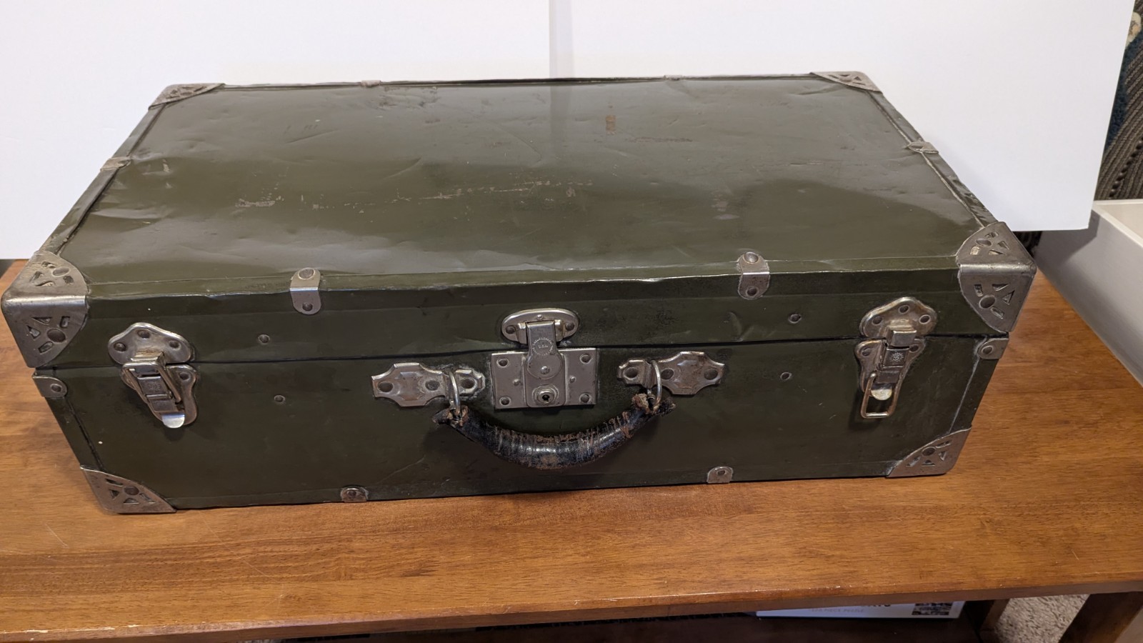Vintage Metal Travel Trunk Footlocker Suitcase 