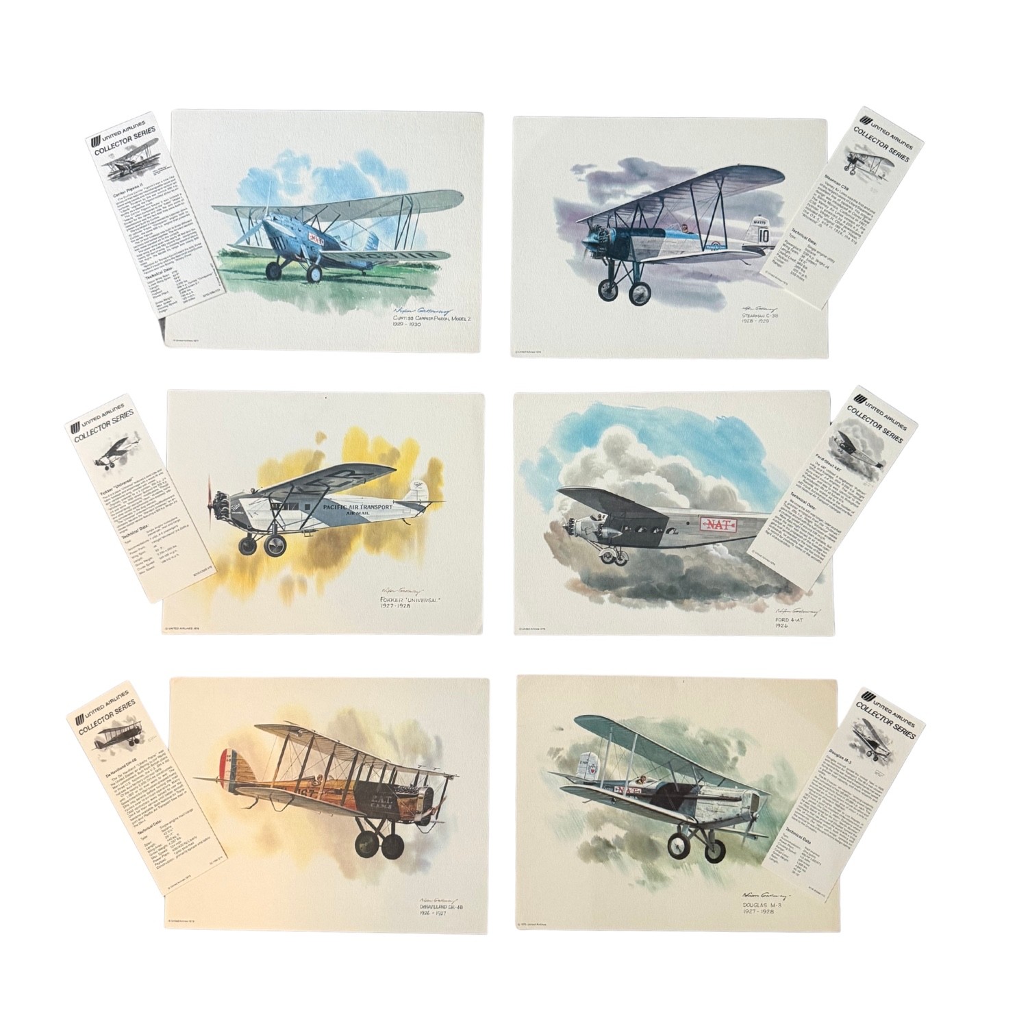 Vintage United Airlines Collector Series Nixon Galloway 6 Prints Cards 1977-79