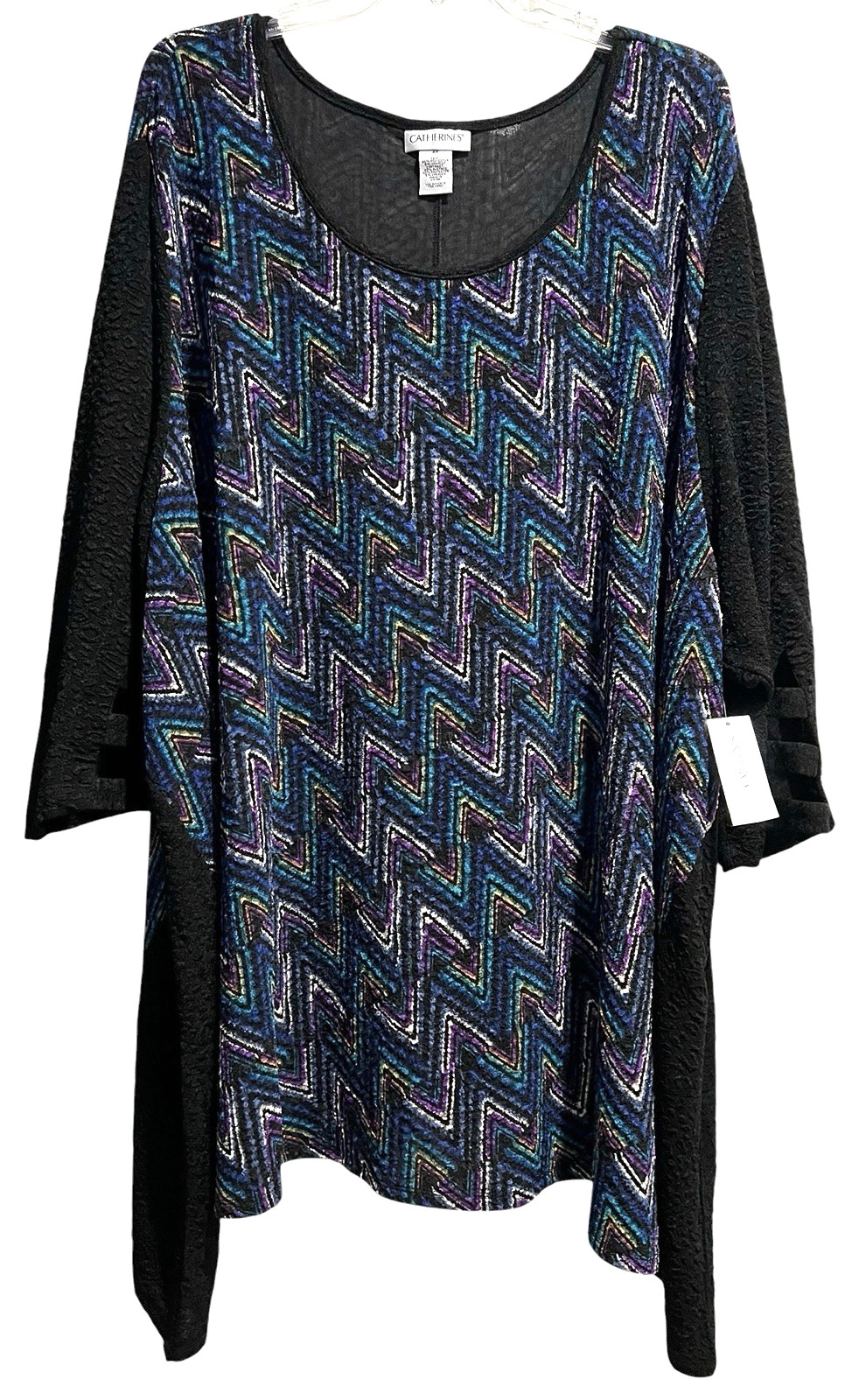 Catherines Top Size 4X Black Chevron Textured Knit 3/4 Cut Out Sleeve Tunic NWT
