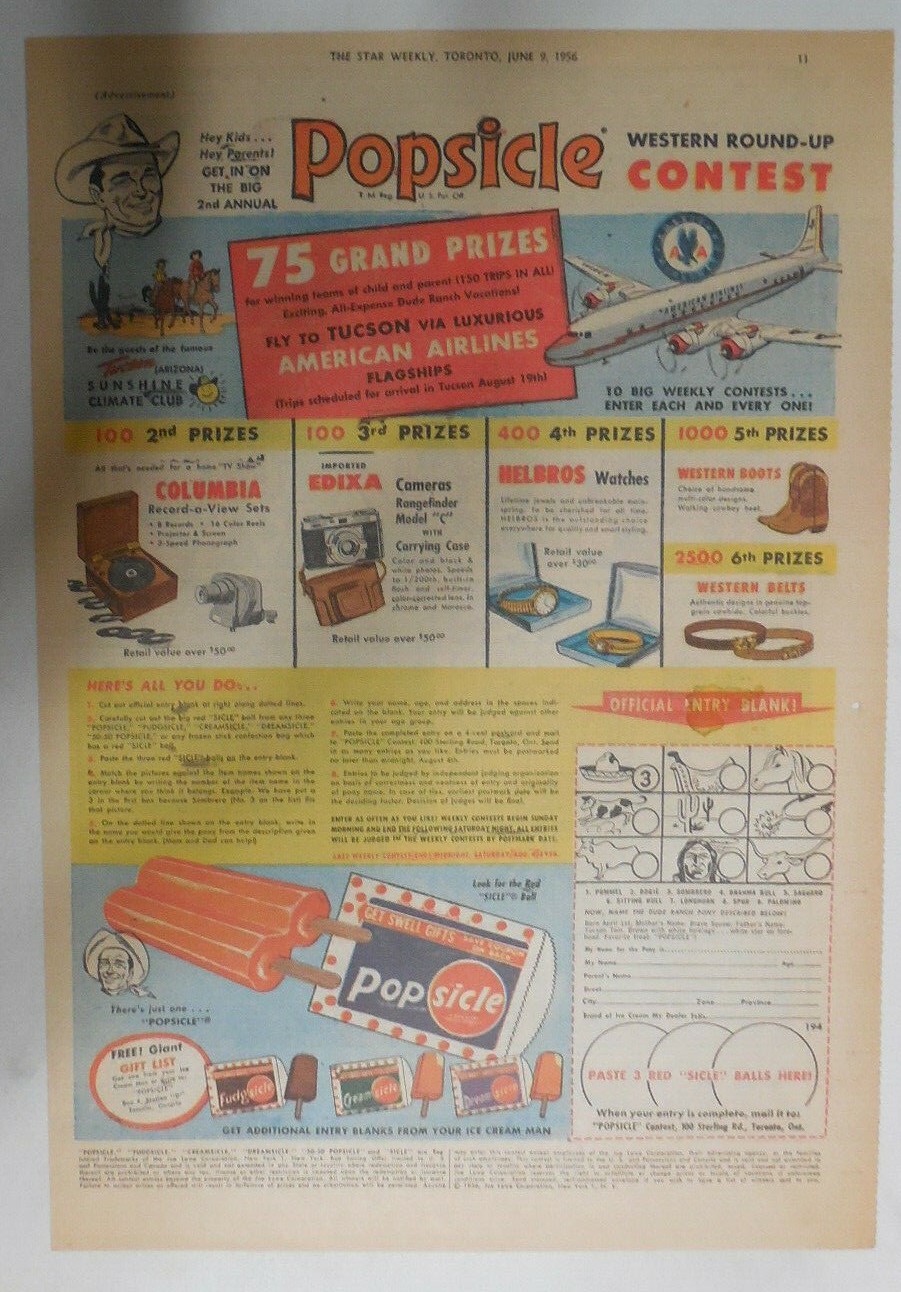 Popsicle Ad: Western Round-Up Prizes from 1956 Size: 11 x 15 inch 