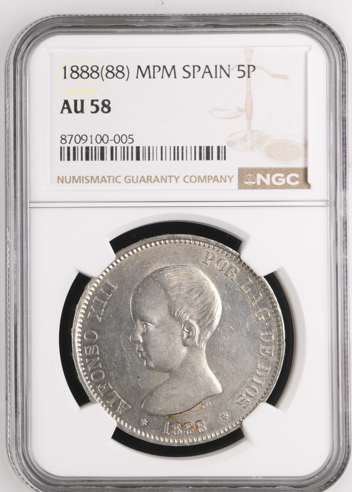 1888 Spain MPM Madrid 5 Pesetas NGC AU58 - Alfonso XIII Silver w/4K Video