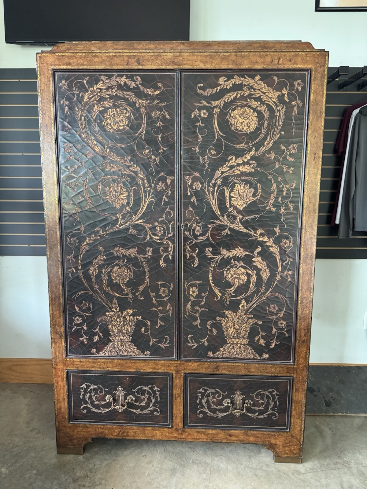 Vintage Maitland-Smith Embossed Leather & Lacquer Armoire / Bar Cabinet