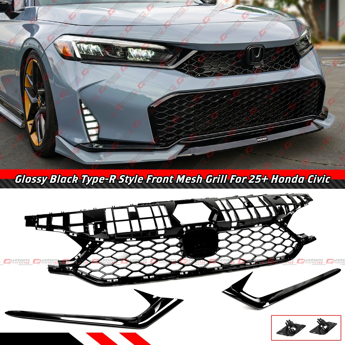 For 25-26 Honda Civic Type-R Style Gloss Black Front Upper Honeycomb Mesh Grille