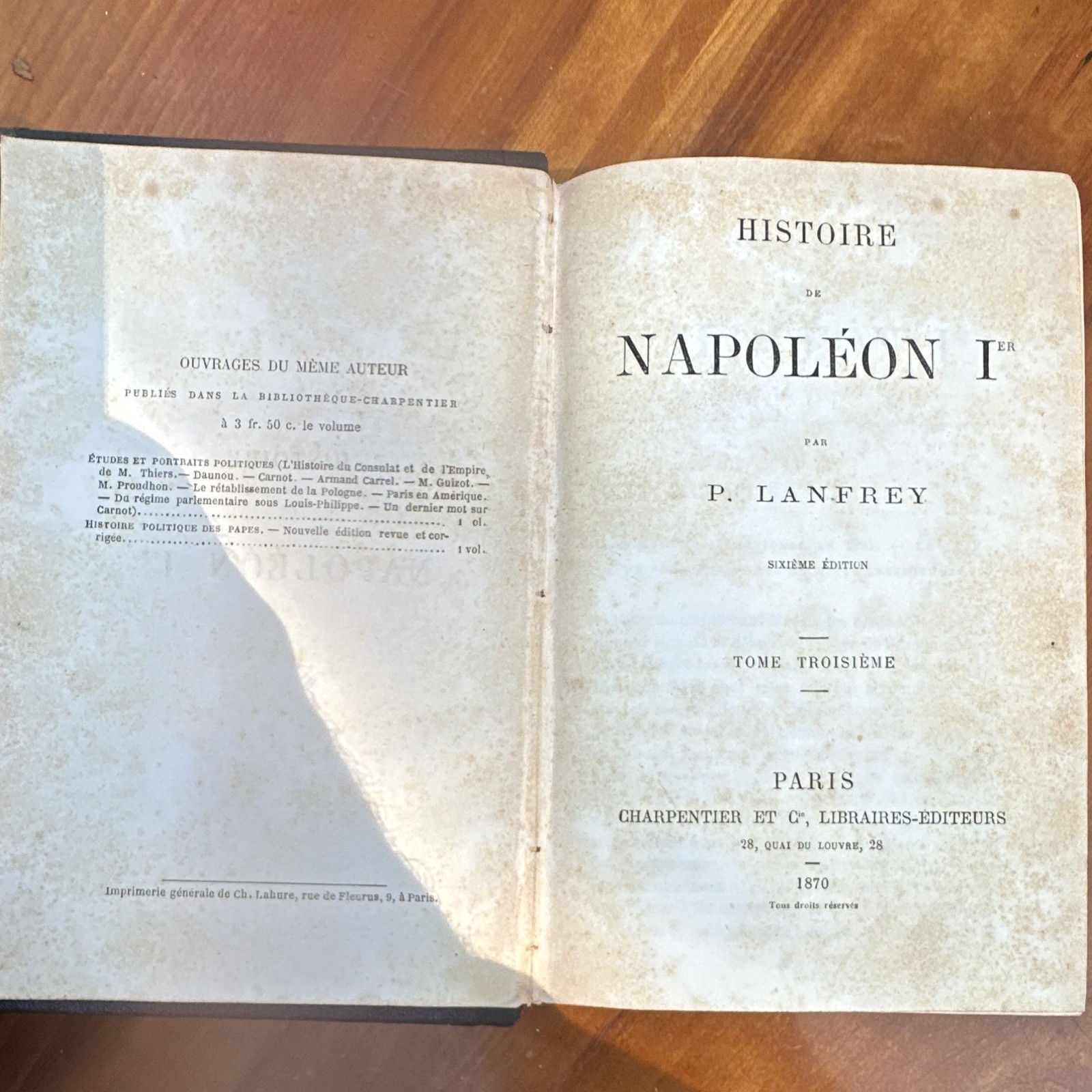 P. Lanfrey Histoire de Napoléon I Tome Troisième 6e Ed 1870 French Cloth