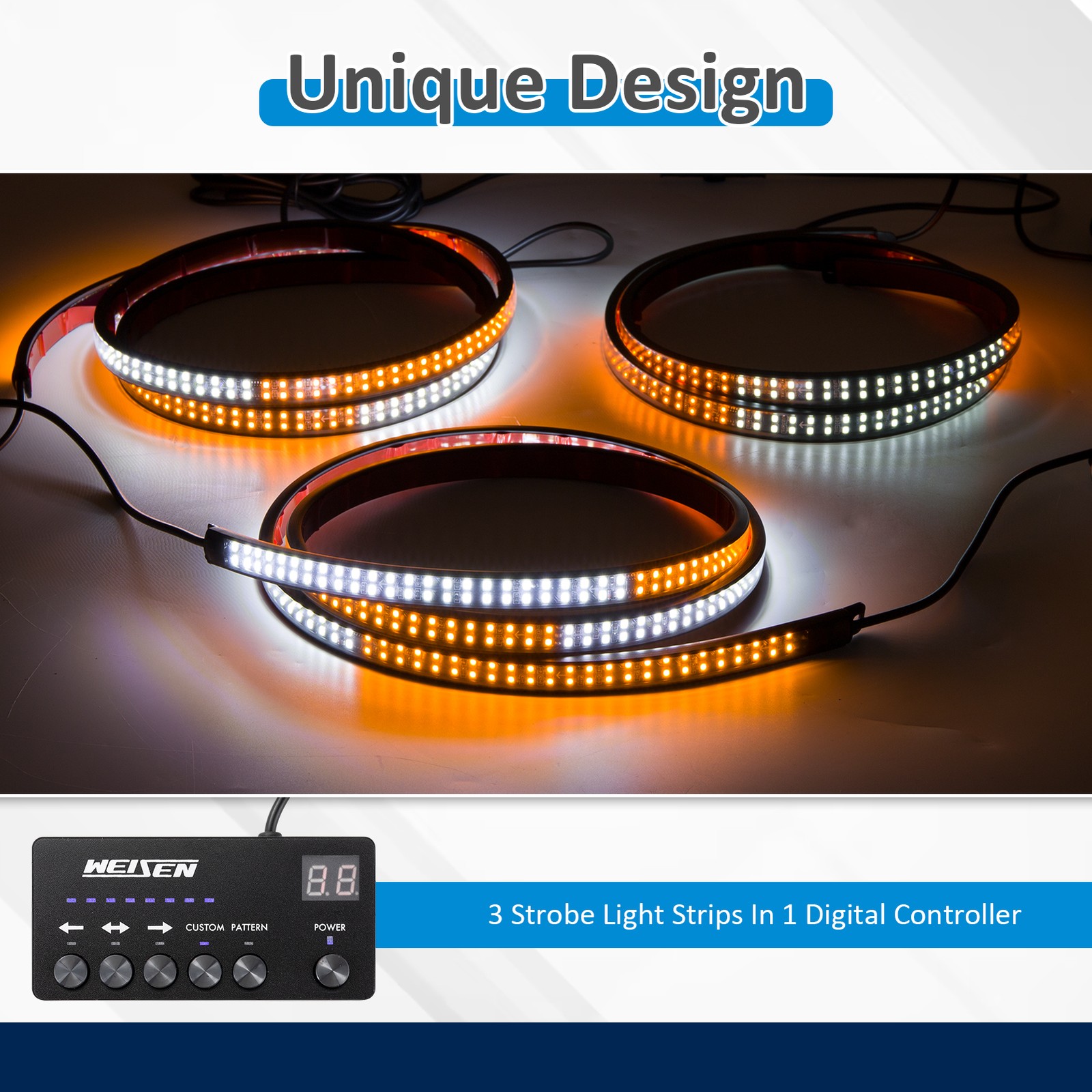 3pcs 60/70\'\' Emergency Tailgate & Running Board Strobe Lights Strip Amber White