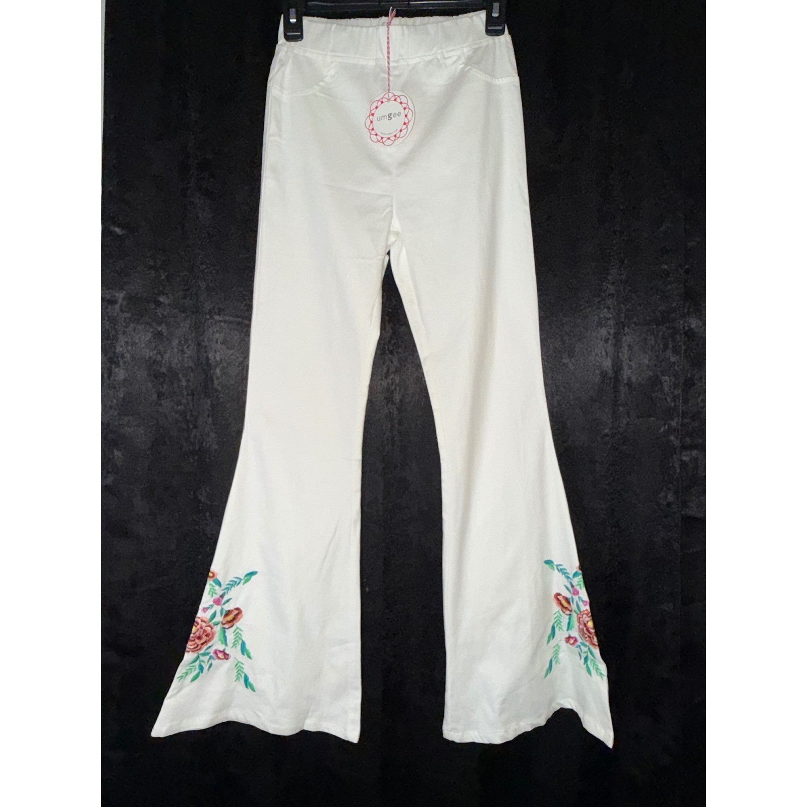 Umgee USA Womens White Floral Embroidered Flare Leg Pants Boho Retro R0131 Small