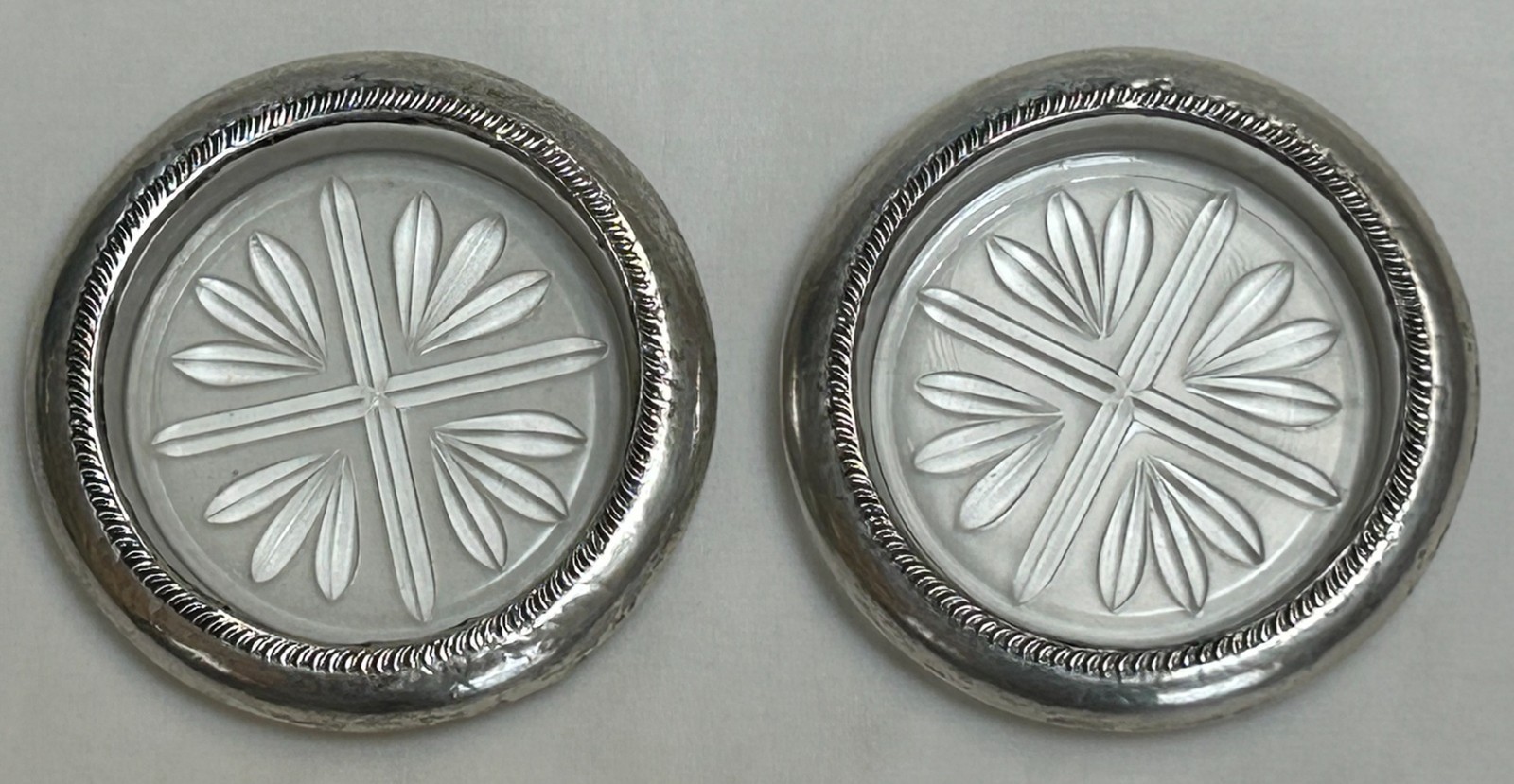 Vintage F.B. Rogers Pair of Sterling Silver & Glass Coasters