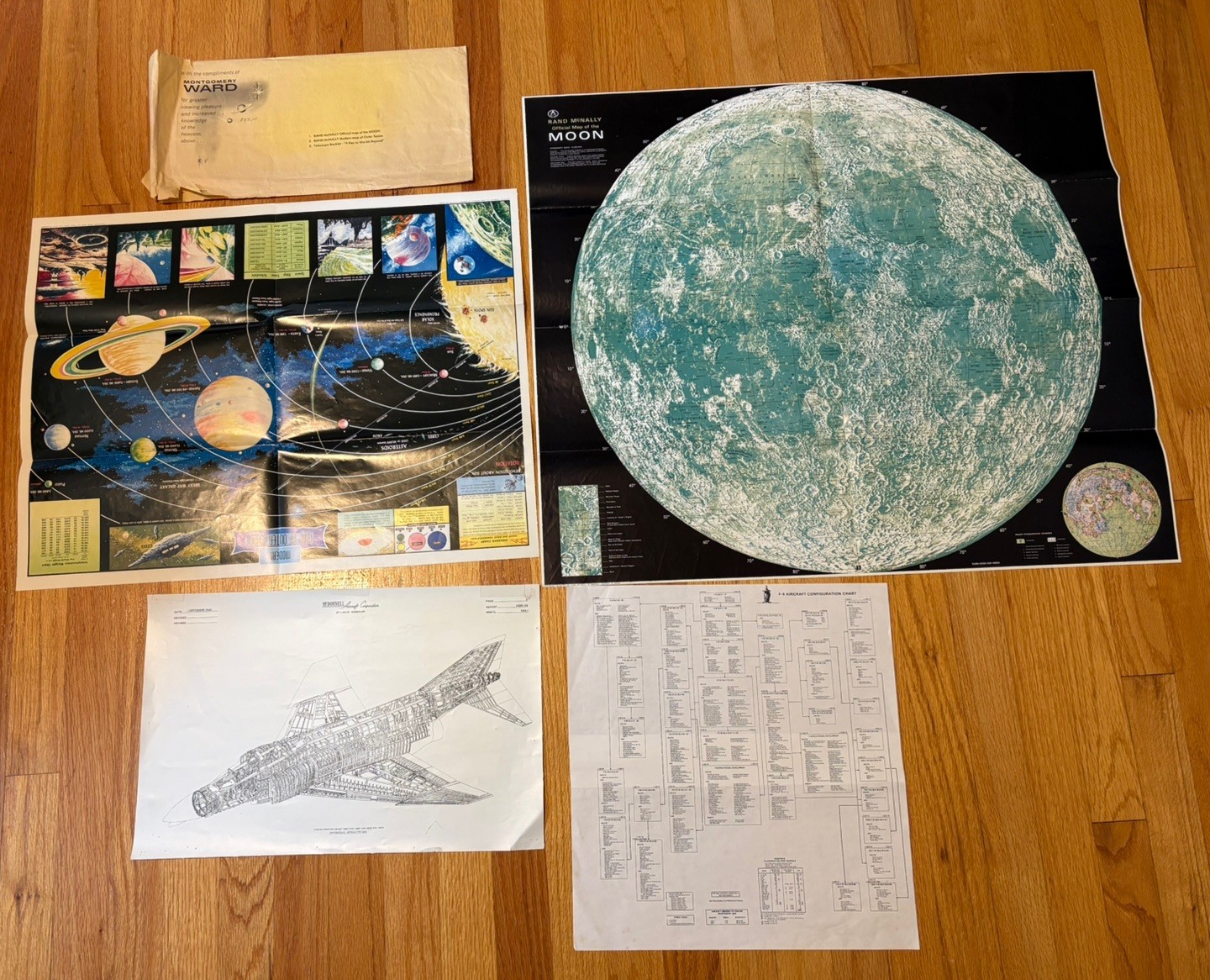 Vintage Space Lot Rand McNally  Map Moon Outer Space Poster, F-4 Aircraft Specs