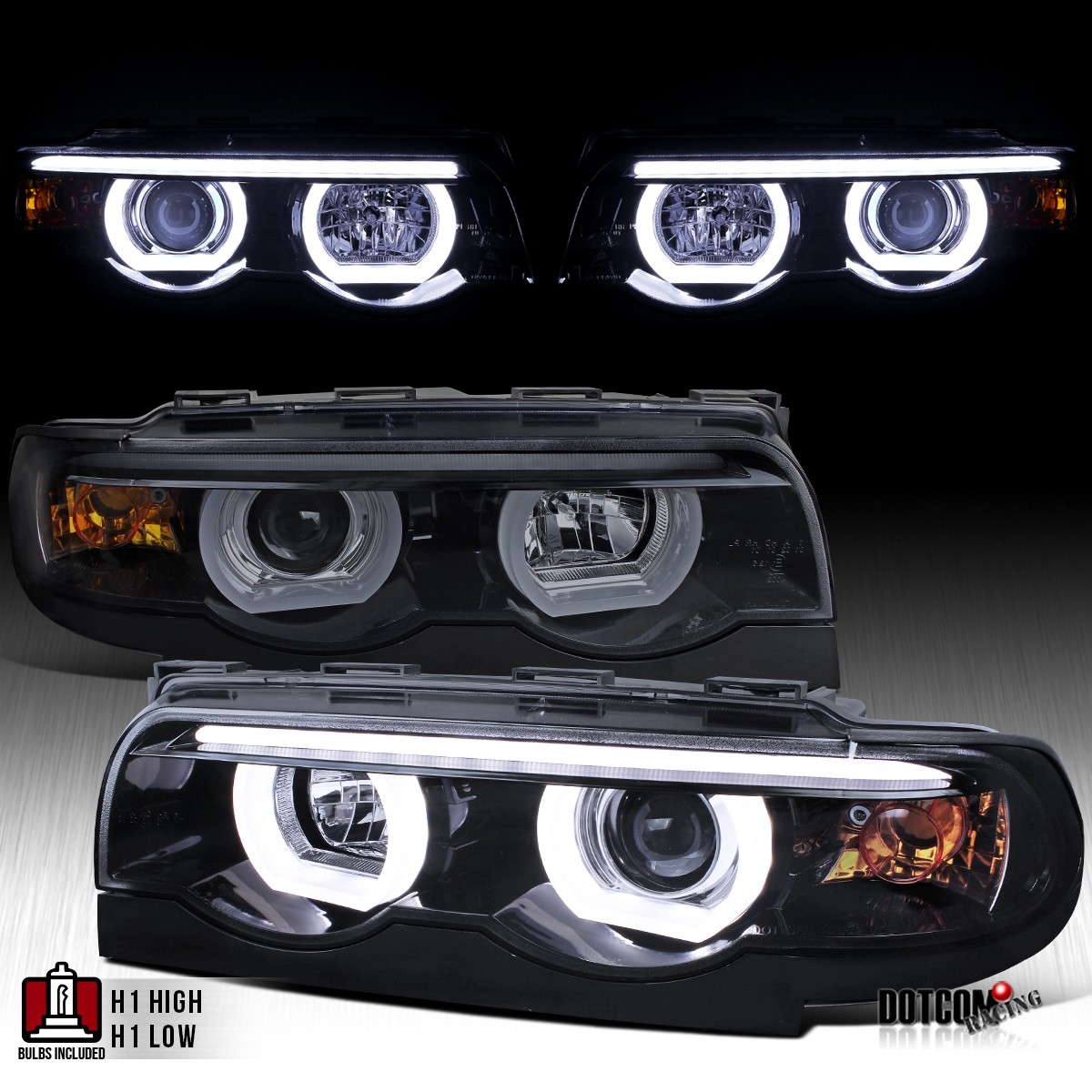 Fit 1995-2001 BMW E38 7-Series 740i 750i LED Halo Bar Projector Headlights Smoke