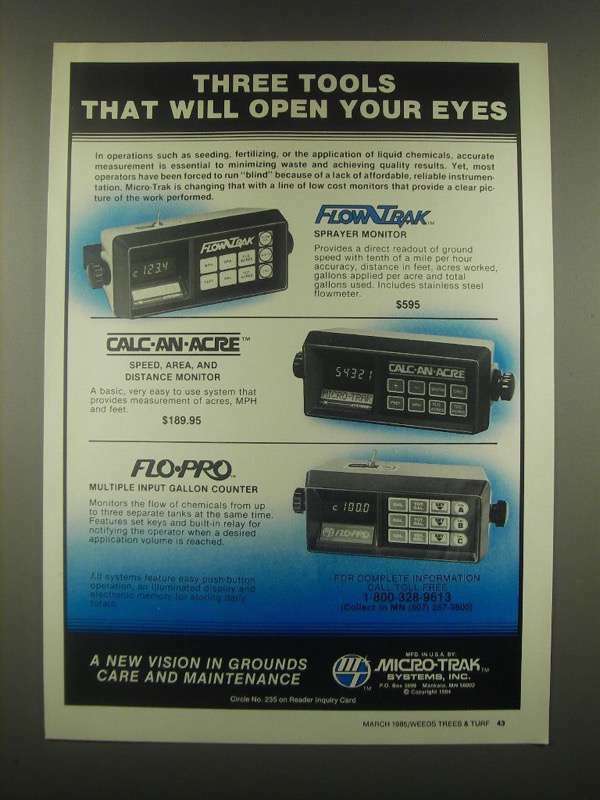1985 Micro-Trak Ad - FlowTrak, Calc-an-Acre and Flo-Pro