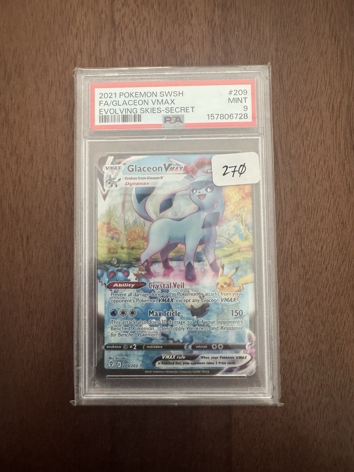 Pokemon 2021 Evolving Skies Glaceon VMAX 209/203 Alt Art Secret Holo PSA 9