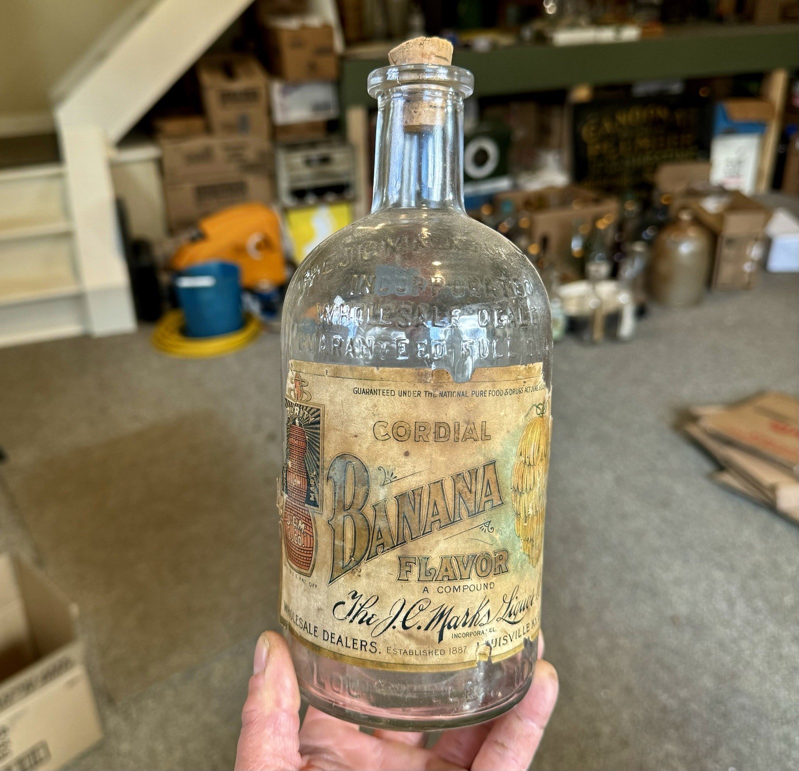 Banana Cordial J C Marks Liquor Co Louisville KY Labeled & Emb Bottle 1910s Era